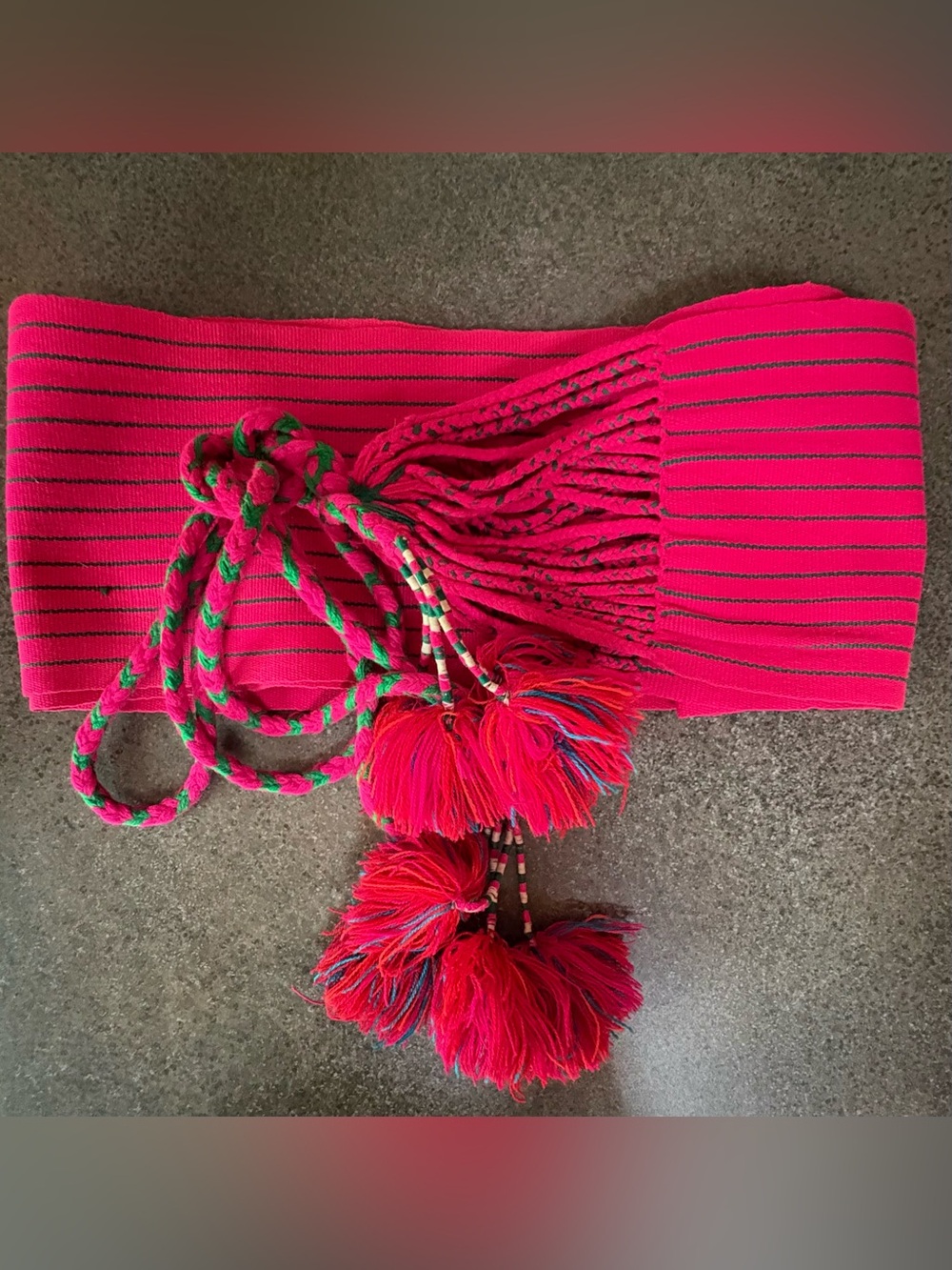 Vintage Mexican dress sash - hot pink with green and multi- colorful tassels